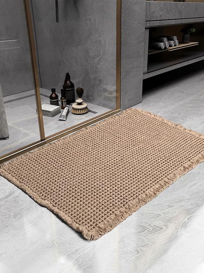 Waffle Bath Mat, Super Absorbent Non-Slip Bath Mats for Bathroom Floor, Machine Washable Bathroom Rugs with Tassels, Rubber Backed Bathroom Mats, Ultra Soft.(Brown, 24"X36")