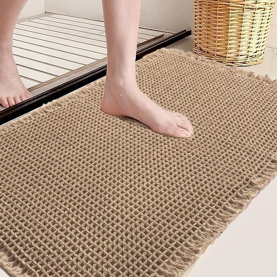 Waffle Bath Mat, Super Absorbent Non-Slip Bath Mats for Bathroom Floor, Machine Washable Bathroom Rugs with Tassels, Rubber Backed Bathroom Mats, Ultra Soft.(Brown, 24"X36")