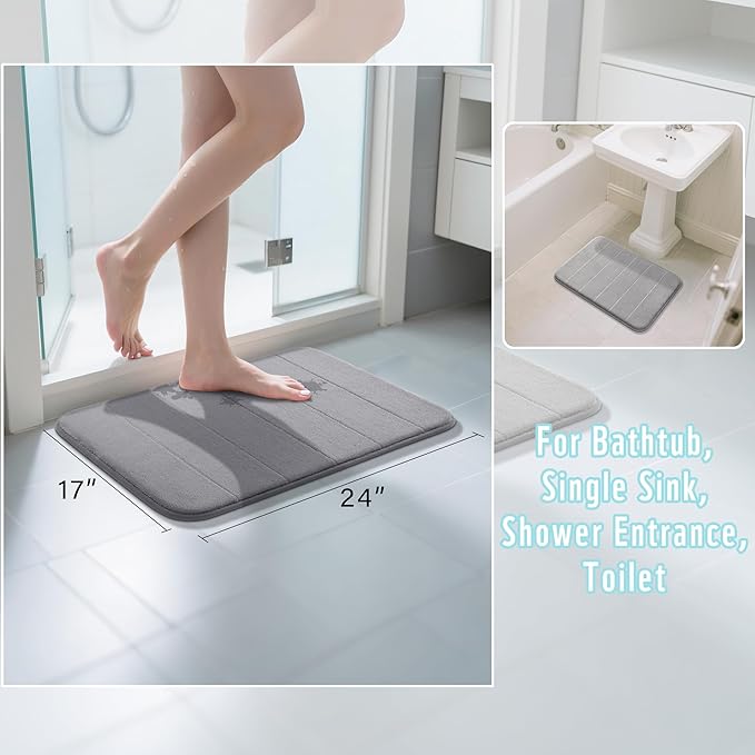 Memory Foam Bathroom Mat, Extra Soft and Absorbent Bathroom Rug Non-Slip 24x17 Inch, Quick Drying, Machine Washable Tub Shower Rug, Home Decor Accessory, Gray