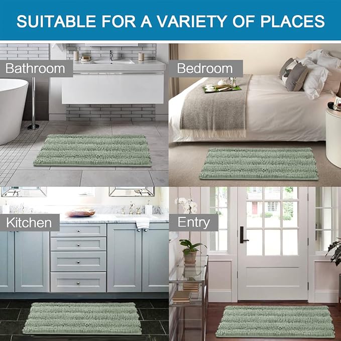 Bathroom Rugs, Bath Mats Set of 2 Extra Thick Chenille Striped Pattern Shaggy Bathroom Rugs for Bathroom, Non-Slip Bath Mats for Bathroom Floors (32 x 20 plus 24 x 17 inches)