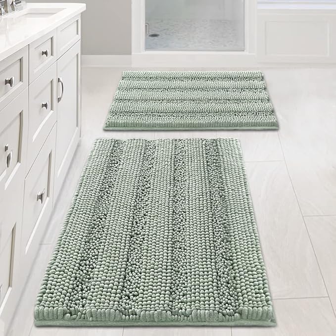 Bathroom Rugs, Bath Mats Set of 2 Extra Thick Chenille Striped Pattern Shaggy Bathroom Rugs for Bathroom, Non-Slip Bath Mats for Bathroom Floors (32 x 20 plus 24 x 17 inches)