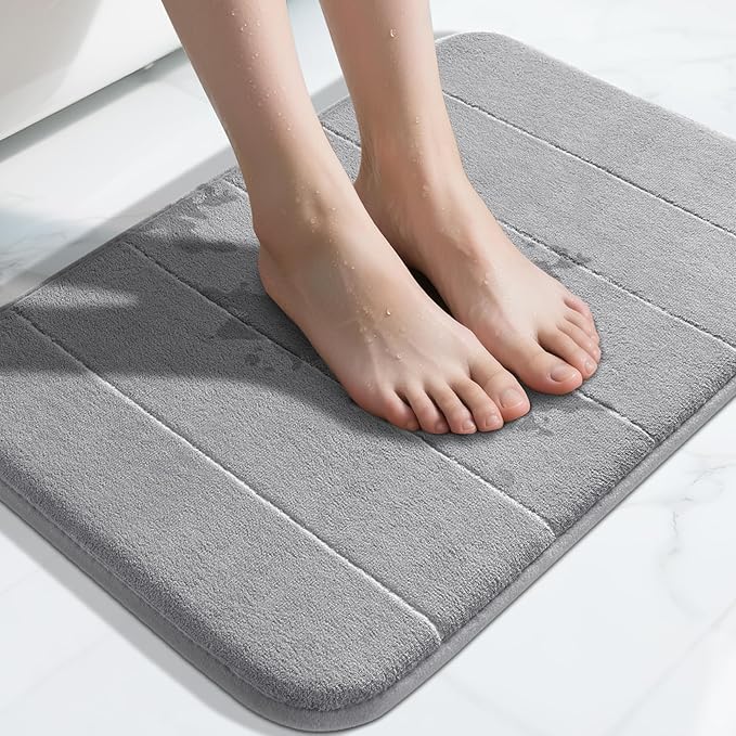 Memory Foam Bathroom Mat, Extra Soft and Absorbent Bathroom Rug Non-Slip 24x17 Inch, Quick Drying, Machine Washable Tub Shower Rug, Home Decor Accessory, Gray