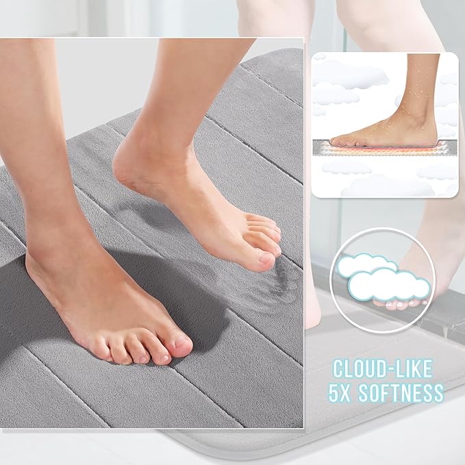 Memory Foam Bathroom Mat, Extra Soft and Absorbent Bathroom Rug Non-Slip 24x17 Inch, Quick Drying, Machine Washable Tub Shower Rug, Home Decor Accessory, Gray