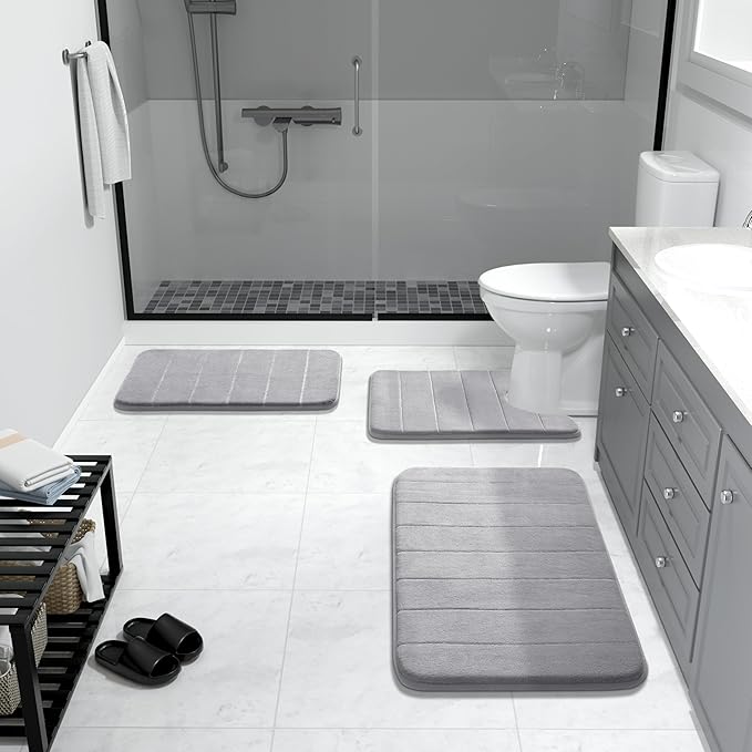Memory Foam Bathroom Mat, Extra Soft and Absorbent Bathroom Rug Non-Slip 24x17 Inch, Quick Drying, Machine Washable Tub Shower Rug, Home Decor Accessory, Gray