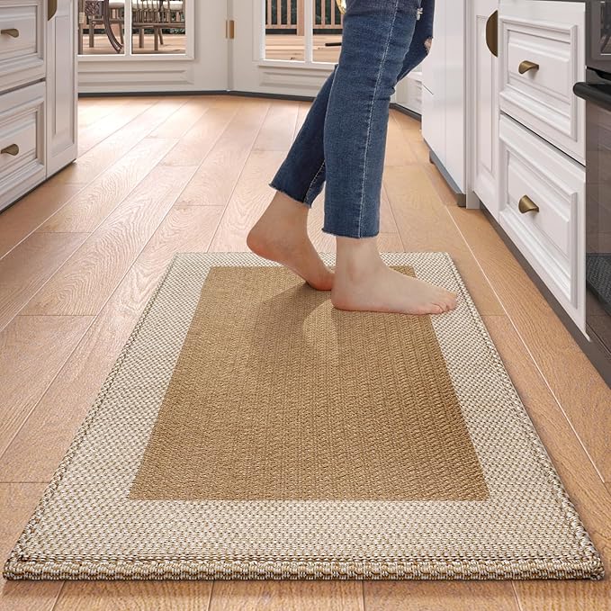 Anti Fatigue Kitchen Mats for Floor, Super Absorbent Kitchen Rugs Non Slip Washable, Soft Linen Braided Kitchen Runner Rug, Standing Mat Kitchen Sink Mat, Easy to Clean, Brown 17x30