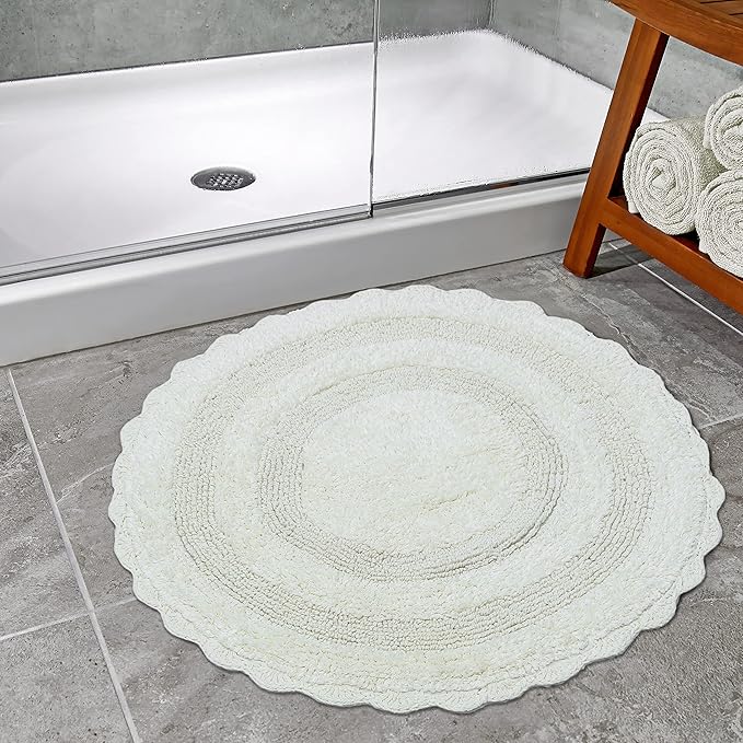 Bathroom Rug 36 Inch Round Cotton Absorbent Floor Mat Non-Slip Bathroom Mat Linen Crochet Rug for Spa, Shower, Kitchen, Living Room, Warm and Soft, Machine Washable - Ivory