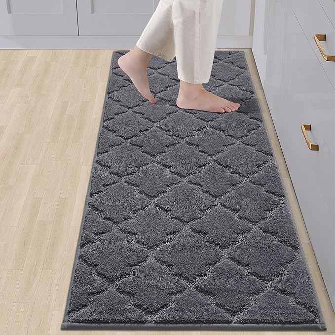 Soft kitchen floor mat for sinks, super absorbent kitchen rug, 20" x 59", non-slip stand, washable, polyester, dark gray